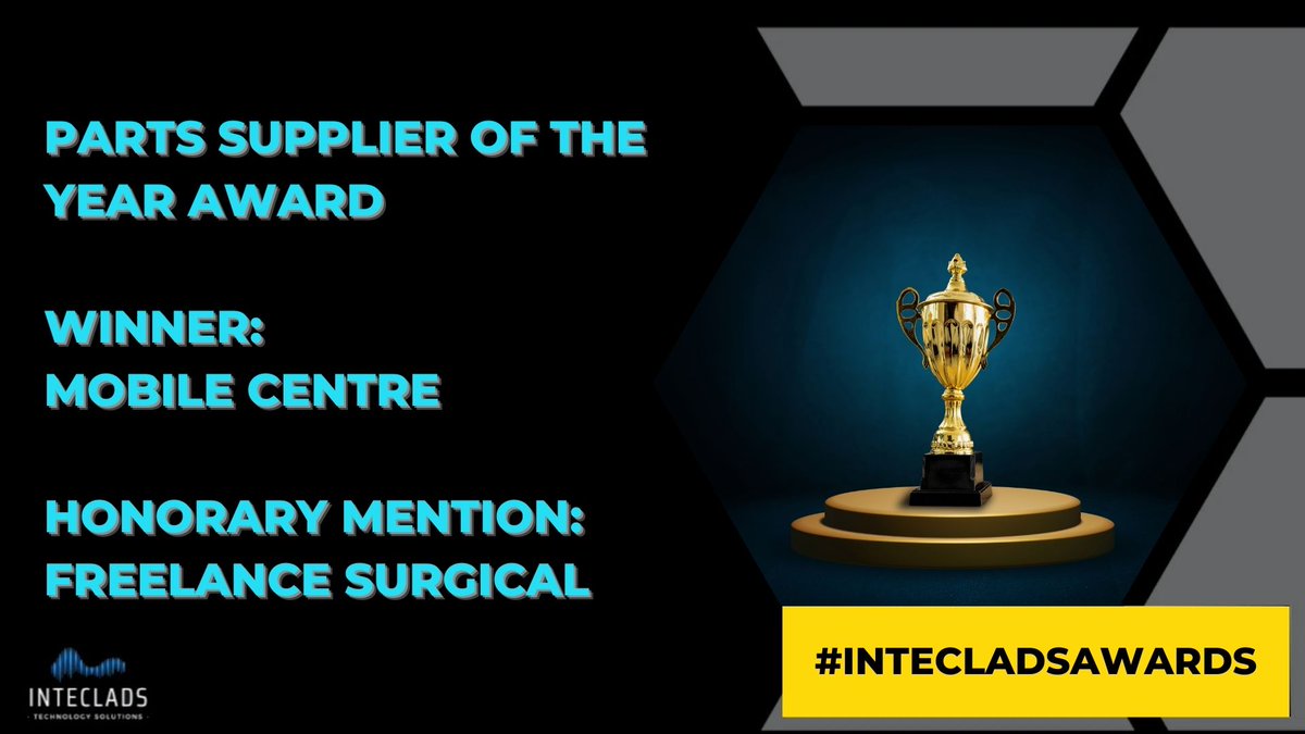 Inteclads's tweet photo. We have 4 #IntecladsAwards today.  First up, Parts Supplier of the Year.  This award celebrates excellence in providing high-quality components and equipment that keep industries moving forward.

WINNER: @mobilecentre 

Honorary Mention:  @FSVets @FSHospital https://t.co/No7NBMCqqM