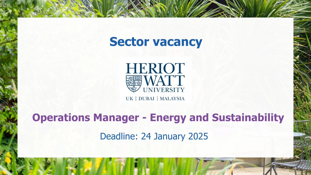 EAUC (@theeauc) on Twitter photo 🚨 New sector vacancy!
<a href="/HeriotWattUni/">Heriot-Watt University</a> is looking for someone with good electrical, mechanical or building services experience to help drive forward sustainable energy solutions across their campuses.
Apply before 24 January at: enzj.fa.em3.oraclecloud.com/hcmUI/Candidat…
#sustainabilityjobs 🚨 New sector vacancy!
<a href="/HeriotWattUni/">Heriot-Watt University</a> is looking for someone with good electrical, mechanical or building services experience to help drive forward sustainable energy solutions across their campuses.
Apply before 24 January at: enzj.fa.em3.oraclecloud.com/hcmUI/Candidat…
#sustainabilityjobs