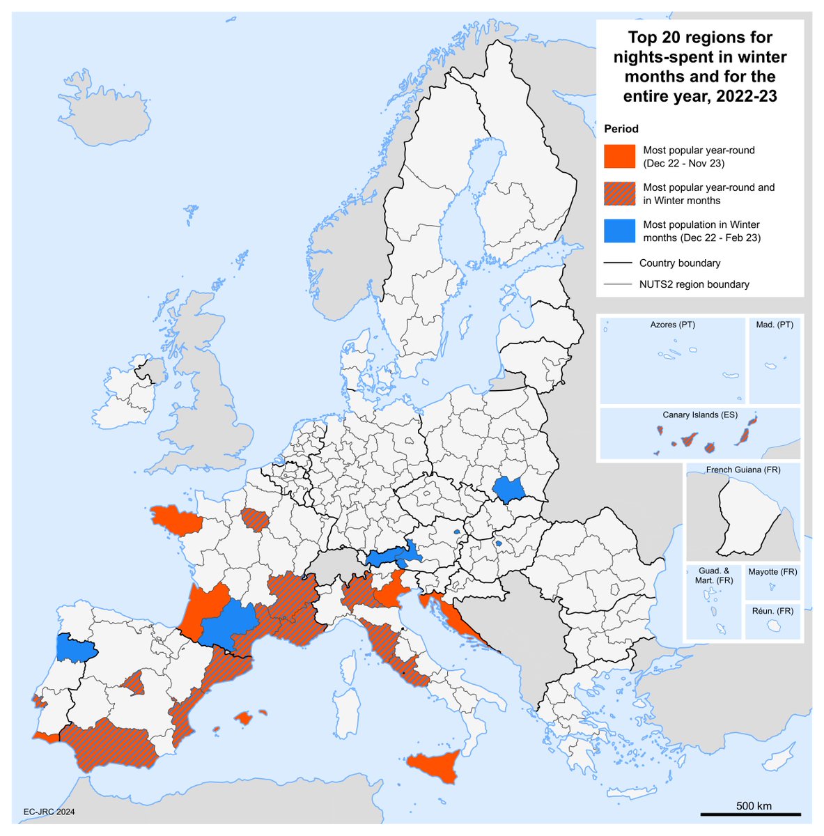 EU southern regions are the EU’s travel hotspots even in winter ❄️ 

In 2023, the top 20 most popular destinations during the cold season were mainly regions in Spain, France, Italy and Austria.

You can find more data in the #EUTourism dashboard europa.eu/!Vd8fwX