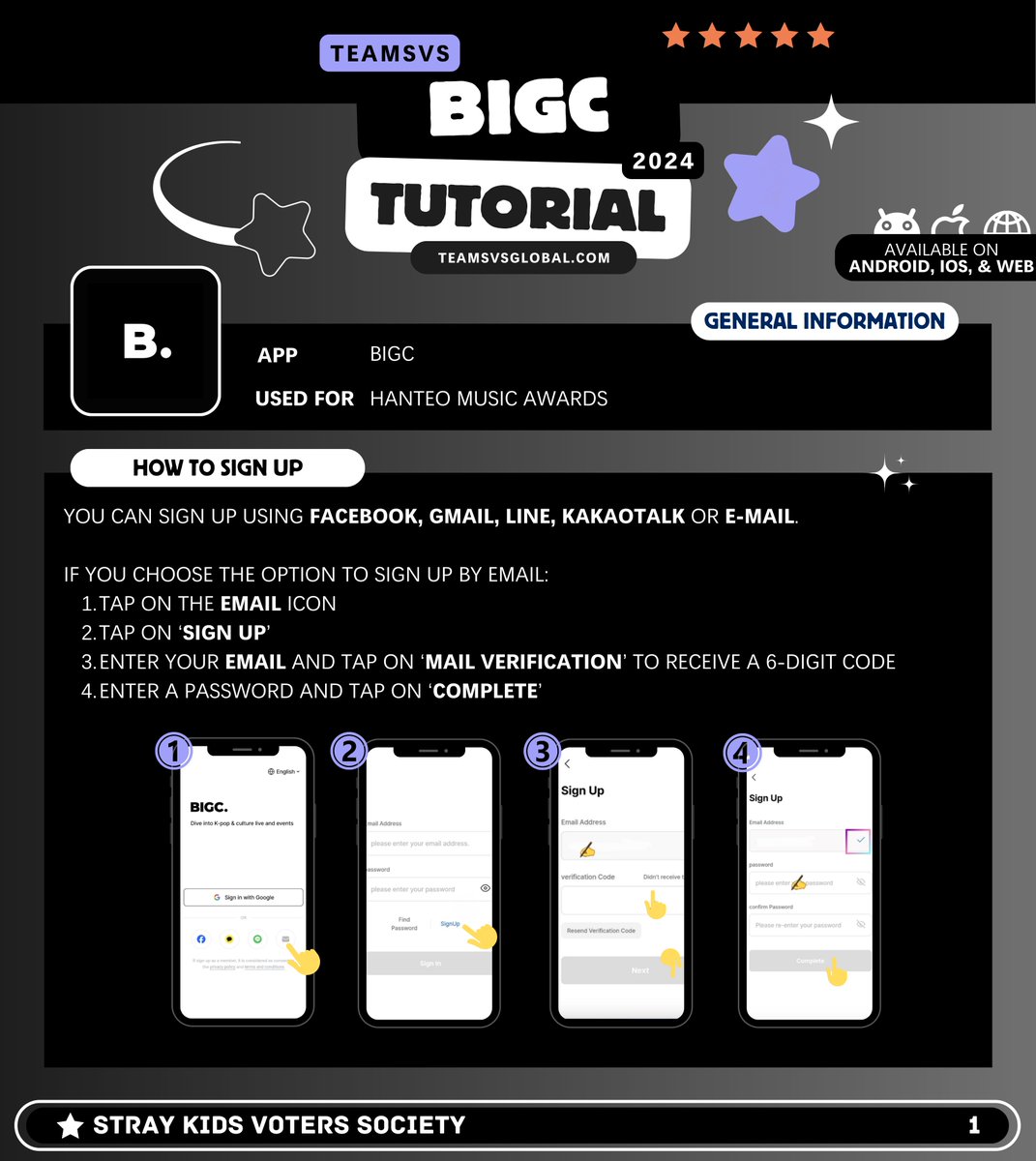 TeamSVS's tweet photo. [🖤 BIGC TUTORIAL]

STAYs 📢
Follow the guide below to create accounts and collect in BIGC!

Vote for #StrayKids in HMA Main Artist of the Year poll 🏆
📅 STARTS: December 23

🗳️50% Whosfan + 50% BIGC
❌Don’t vote Global Artist

🔗 https://t.co/6b0QQ1Lnob https://t.co/npk6bIn0lc