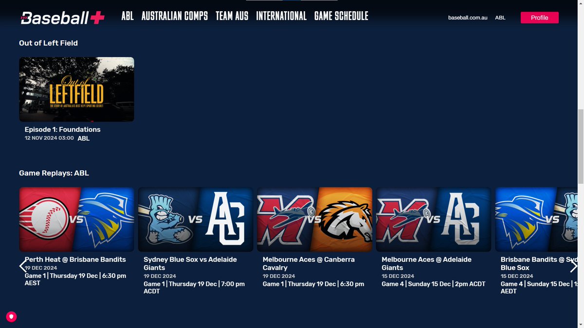 Lin_ausBerlin's tweet photo. @OSBuckeye @BrisbaneBandits Simply scroll down a little bit on the Baseball + homepage and you will see all the replays under the "Game Replay: ABL" label.

For Livestreams just klick on the Schedule label on the top of the page. https://t.co/HCraCSWmS5