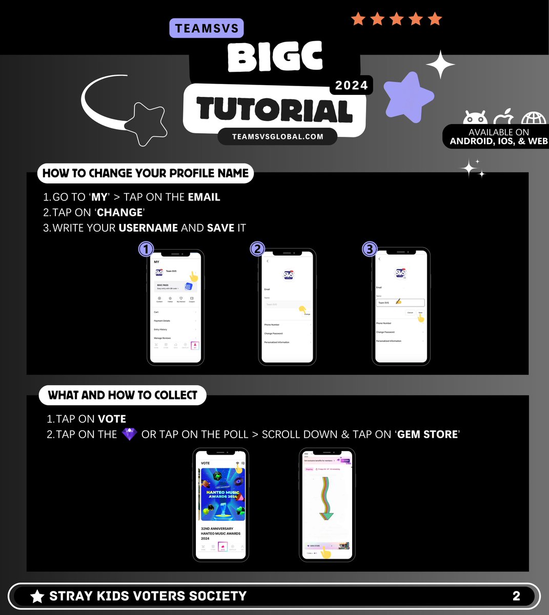 TeamSVS's tweet photo. [🖤 BIGC TUTORIAL]

STAYs 📢
Follow the guide below to create accounts and collect in BIGC!

Vote for #StrayKids in HMA Main Artist of the Year poll 🏆
📅 STARTS: December 23

🗳️50% Whosfan + 50% BIGC
❌Don’t vote Global Artist

🔗 https://t.co/6b0QQ1Lnob https://t.co/npk6bIn0lc