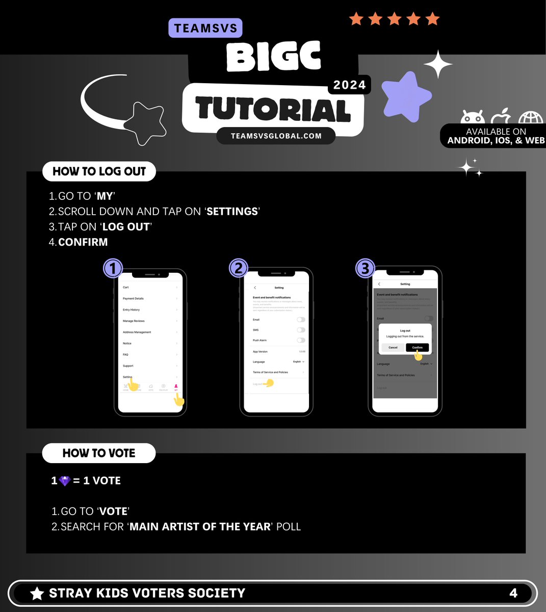 TeamSVS's tweet photo. [🖤 BIGC TUTORIAL]

STAYs 📢
Follow the guide below to create accounts and collect in BIGC!

Vote for #StrayKids in HMA Main Artist of the Year poll 🏆
📅 STARTS: December 23

🗳️50% Whosfan + 50% BIGC
❌Don’t vote Global Artist

🔗 https://t.co/6b0QQ1Lnob https://t.co/npk6bIn0lc
