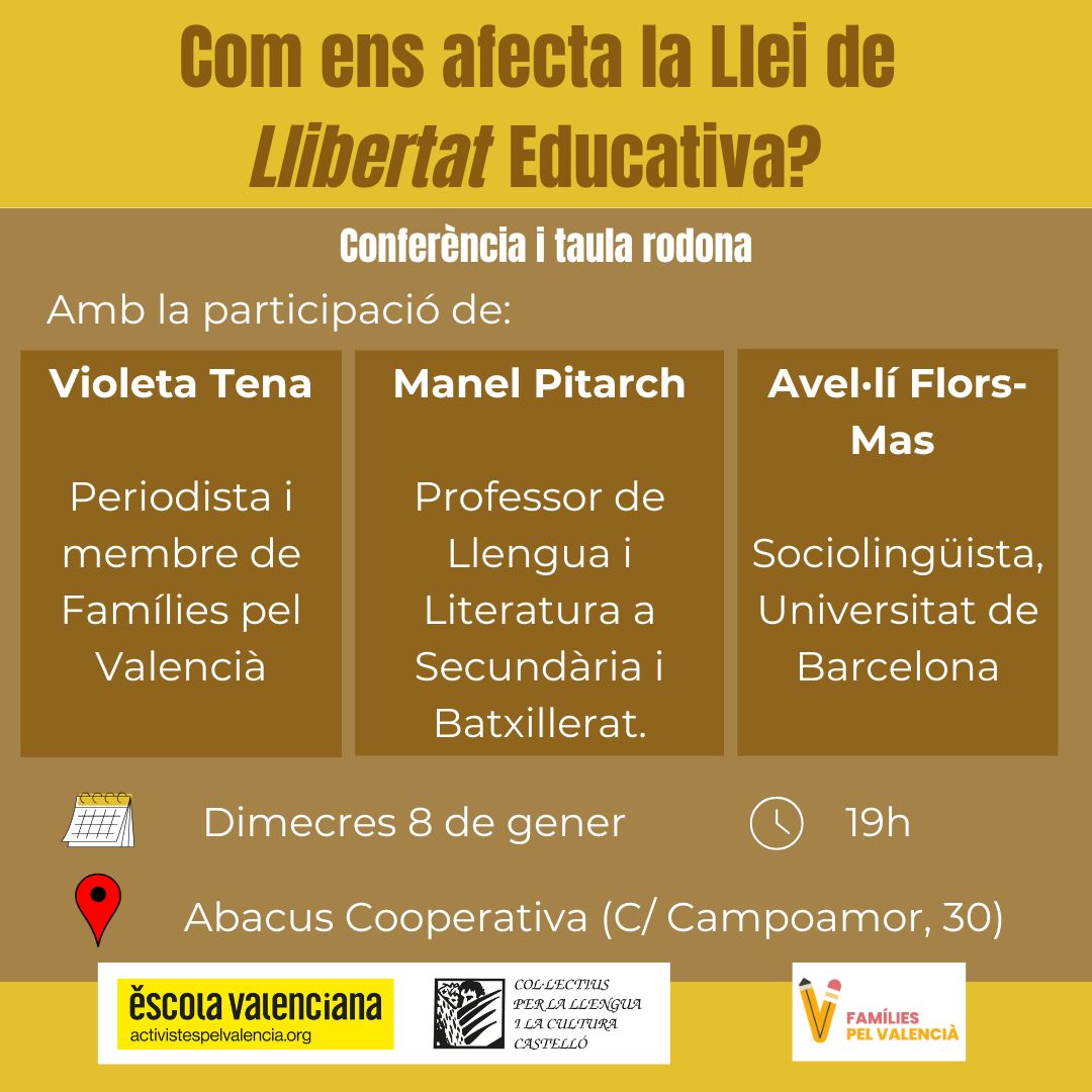 Escola Valenciana (@escolatv) on Twitter photo 📢 Les companyes de <a href="/ColCasEV/">Col·lectius per la llengua i la cultura Castelló</a> i #FamíliesPelValencià han organitzat un acte informatiu sobre la consulta pública de la llengua base de l'ensenyament amb <a href="/violetatena/">violetatena</a> <a href="/ManelPitarch/">Manel Pitarch</a> i <a href="/aflorsmas/">Avel·lí Flors Mas</a>. 
📆 8 de gener 
📍Castelló de la Plana, la Plana Alta 
#TriaValencià 📢 Les companyes de <a href="/ColCasEV/">Col·lectius per la llengua i la cultura Castelló</a> i #FamíliesPelValencià han organitzat un acte informatiu sobre la consulta pública de la llengua base de l'ensenyament amb <a href="/violetatena/">violetatena</a> <a href="/ManelPitarch/">Manel Pitarch</a> i <a href="/aflorsmas/">Avel·lí Flors Mas</a>. 
📆 8 de gener 
📍Castelló de la Plana, la Plana Alta 
#TriaValencià