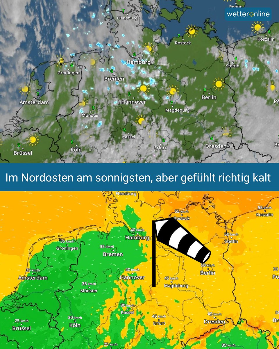WetterOnline's tweet image. 🌞 Richtung Nordosten am sonnigsten. 🏞️ Mit Höchstwerten zwischen 5 und 7 Grad kälter als zuvor. Vor allem im Osten fühlt es sich durch den Wind und die hohe Luftfeuchtigkeit etwas über 0 Grad an. 

Im Tagesverlauf Böen bis 60 km/h.
👉 to.wetteronline.de/windradar-osten

#Wetter #WindRadar