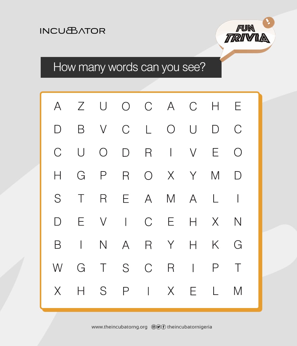 theincubator_ng's tweet image. We&apos;re back with another fun puzzle! How many tech-related words can you see? Drop your answers below and let’s see who cracks it first!
 
#FunTrivia #TheIncubatorHub #Tech4all #TGIF