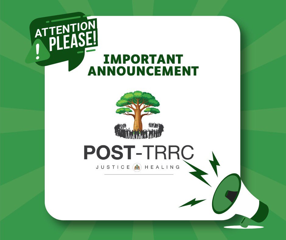 Exciting News 🎉 

The Post TRRC Unit is now live on Twitter.

Follow us for the latest updates, impactful stories, and milestones in our journey of reconciliation and justice.