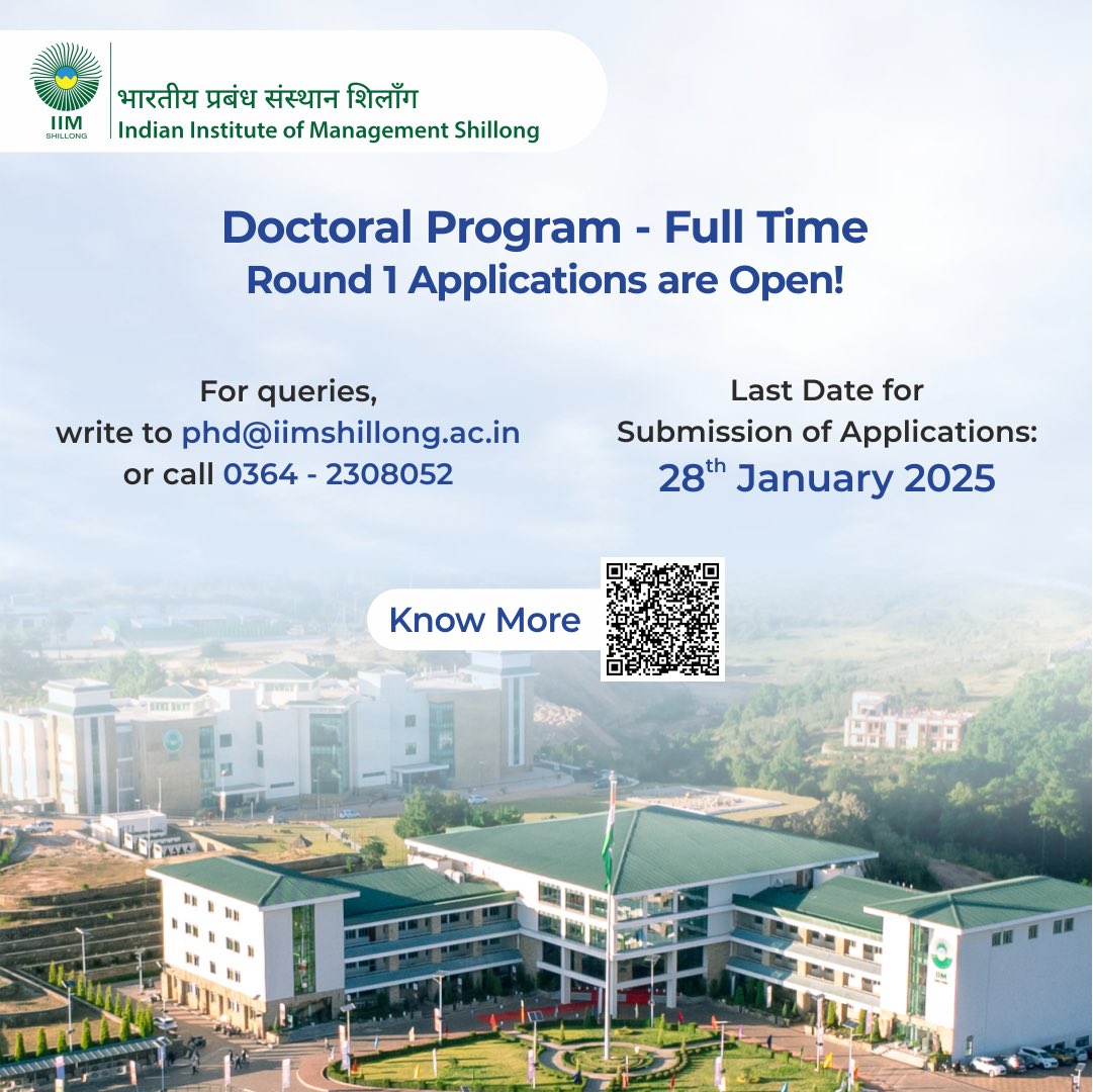 IIMShillong's tweet photo. Pursue your passion for research and innovation at IIM Shillong.
Round 1 Deadline: Jan 28, 2025
Apply Now: https://t.co/f2XfhIUIK8
For Queries: phd@iimshillong.ac.in
#PhDApplications #DoctoralStudies #HigherEducation #Research #campusinclouds #7thheaven #PhD #IIMShillong https://t.co/79XFjvM0Qa