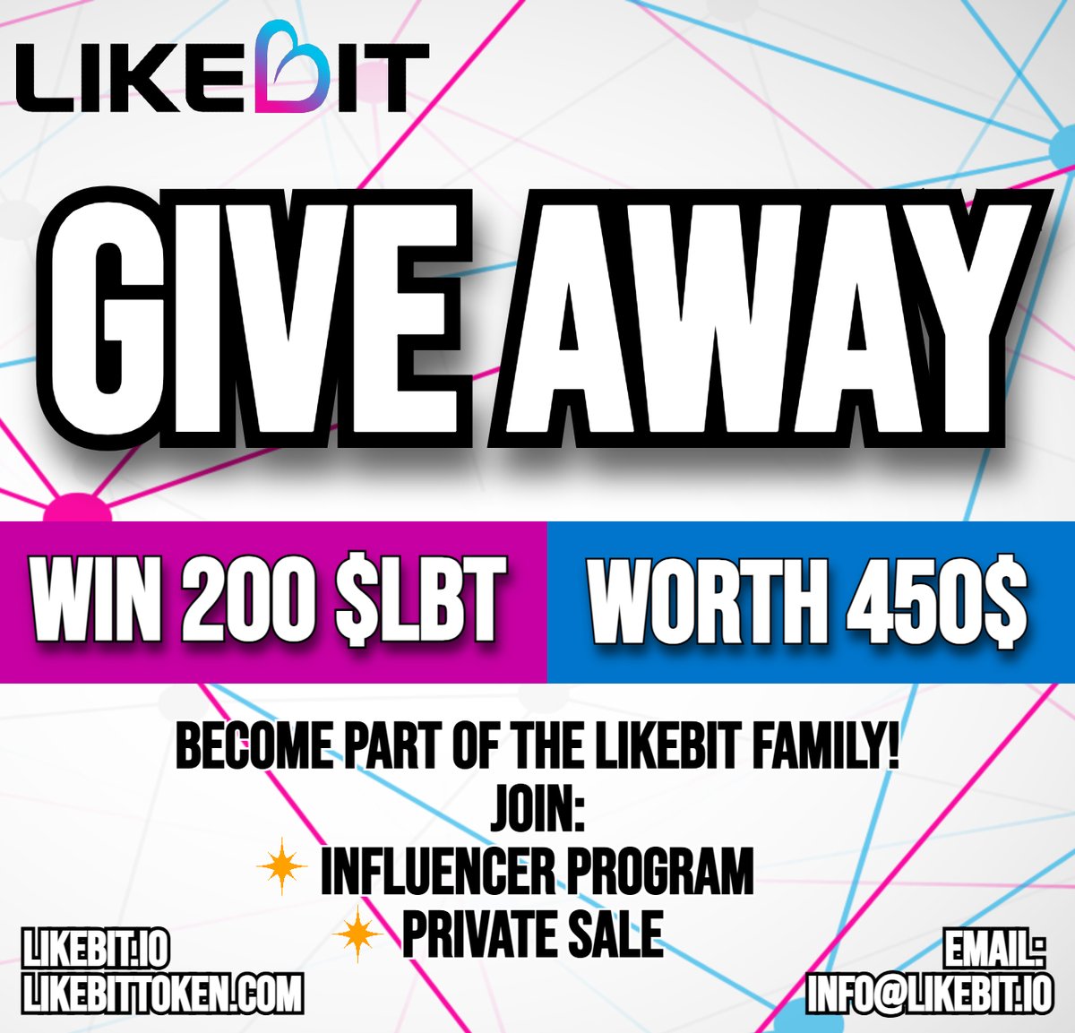 🎉 New #Giveaway 🎉

⭐️ The LikeBit Family Keeps Growing! ⭐️
We’re celebrating with an exciting GIVEAWAY! 🎉

🎁 Prize: 200 $LBT tokens (worth $450) to one lucky winner!
🚀 Our Influencer Program and Private Sale are live!!! Now it’s your turn to win big!

💡 How to enter:
1️⃣