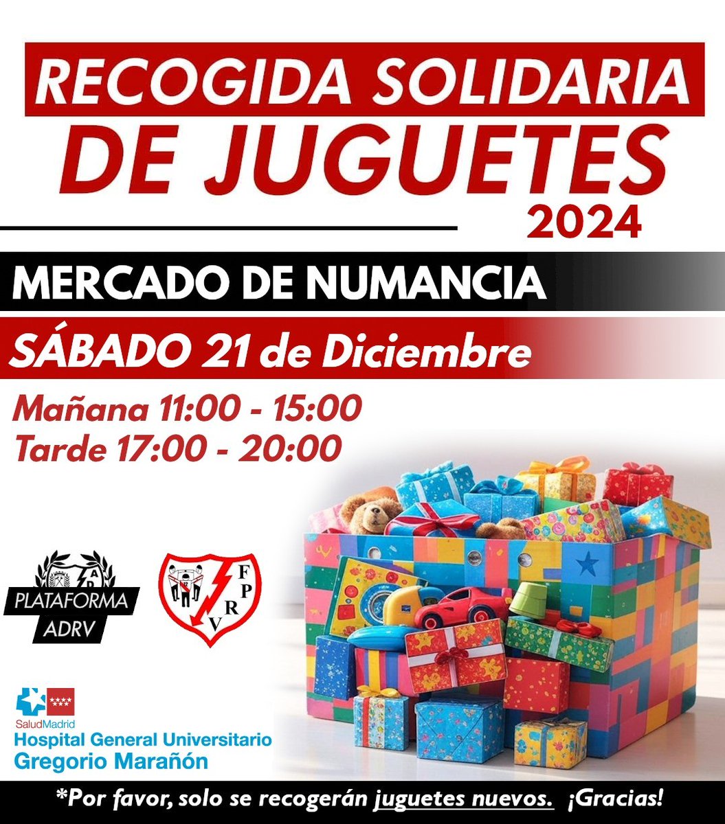 Portal Vallecas (@portalvallecas) on Twitter photo La <a href="/plataformaADRV/">Plataforma ADRV</a> y la <a href="/rayovallecanofp/">FED. PEÑAS RAYO VALLECANO</a> invitan al vecindario a participar un año más en la #RecogidaSolidaria de #Juguetes para estas navidades, organizada por la afición rayista.
📅 Sábado 21 de Diciembre
🛒 <a href="/MercadoNumancia/">mercado_numancia</a>
📍 #Vallekas
Más información en la 🖼️ y el 🧵👇 La <a href="/plataformaADRV/">Plataforma ADRV</a> y la <a href="/rayovallecanofp/">FED. PEÑAS RAYO VALLECANO</a> invitan al vecindario a participar un año más en la #RecogidaSolidaria de #Juguetes para estas navidades, organizada por la afición rayista.
📅 Sábado 21 de Diciembre
🛒 <a href="/MercadoNumancia/">mercado_numancia</a>
📍 #Vallekas
Más información en la 🖼️ y el 🧵👇