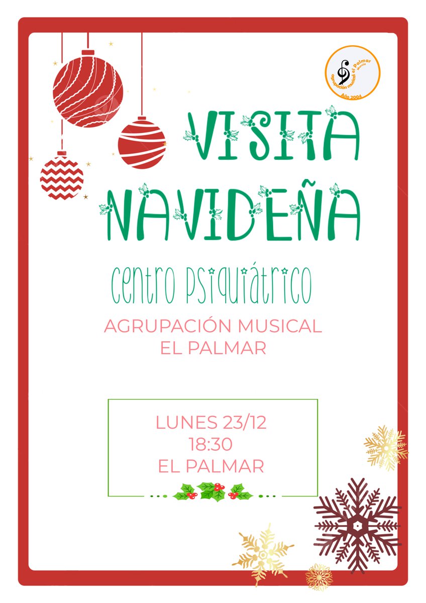 🎄VISITA NAVIDEÑA🎄
🗓️LUNES 23/12
⏰18:30
📍CENTRO PSIQUIÁTRICO DE EL PALMAR
<a href="/febandasrmurcia/">Federación Bandas de Música de la Región de Murcia</a> <a href="/CESociedadesM/">CESM</a> <a href="/murcianico79/">Antonio Hernández ©️</a> <a href="/AznarGines/">Gines Aznar</a> <a href="/BandasEventos/">Eventos de Bandas</a> <a href="/CulturaMurcia/">Cultura de Murcia</a> <a href="/enclavecultura/">EnClave Cultura</a> <a href="/AytoMurcia/">Ayuntamiento de Murcia</a>