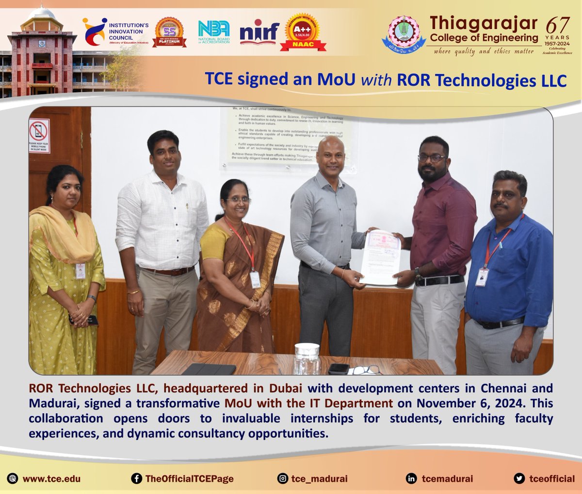 tceofficialpage's tweet image. TCE &amp;amp; ROR Technologies unite!

📅 On Nov 6, 2024, ROR Technologies LLC (Dubai HQ) signed an MoU with TCE's IT Dept., offering:
🔹 Internships for students
🔹 Faculty development
🔹 Consultancy projects
🌍 Empowering tech &amp;amp; academia!
#TechInnovation #TCEConnect #StudentSuccess