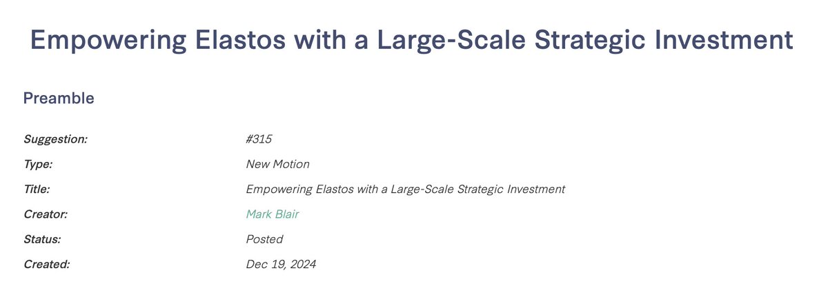 🚨 New Suggestion Open for Review! 🚨

After extensive discussions and negotiations, a new suggestion is now live for the Elastos community to review. While specific details remain confidential due to non-disclosure agreements, the 12-member elected Cyber Republic Council (CRC)
