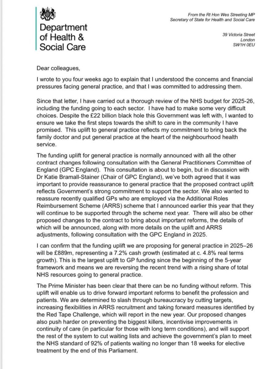 Dave West (@davewwest) on Twitter photo BREAKING - <a href="/wesstreeting/">Wes Streeting</a> says he's made "very difficult choices" after a "thorough review of the NHS budget" for 2025-26 in order to put 7.2% cash growth in GP contract, roughly 4.8% real terms
story soon from <a href="/caitlintilley/">Caitlin Tilley</a> BREAKING - <a href="/wesstreeting/">Wes Streeting</a> says he's made "very difficult choices" after a "thorough review of the NHS budget" for 2025-26 in order to put 7.2% cash growth in GP contract, roughly 4.8% real terms
story soon from <a href="/caitlintilley/">Caitlin Tilley</a>