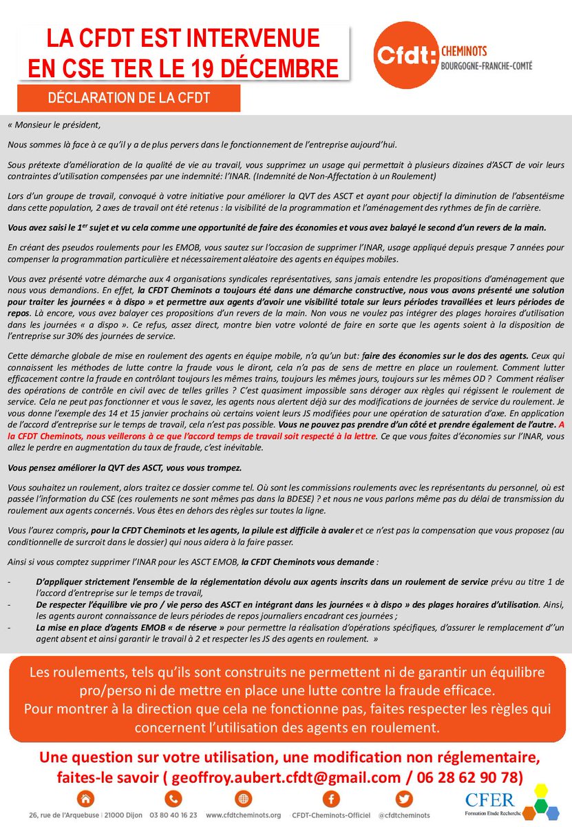 ASCT TER EMOB : La Direction acte la fin de l'INAR contre l'avis et les propositions de la CFDT Cheminots BFC.