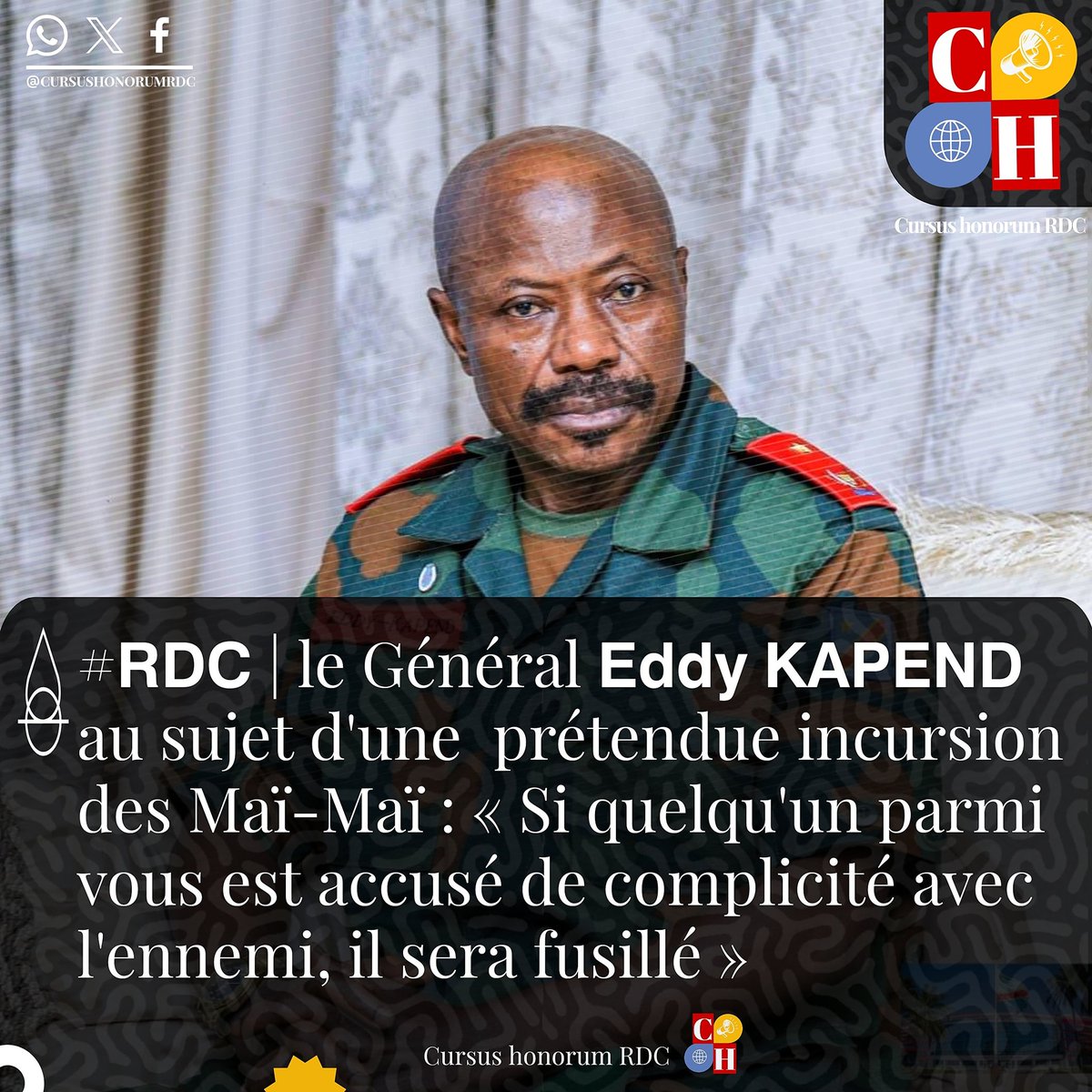CursushonorumCD's tweet photo. #𝗥𝗗𝗖 | le Général 𝗘𝗱𝗱𝘆 𝗞𝗔𝗣𝗘𝗡𝗗 au sujet d'une  prétendue incursion des Maï-Maï 🔗 https://t.co/1zs0tRqUG4