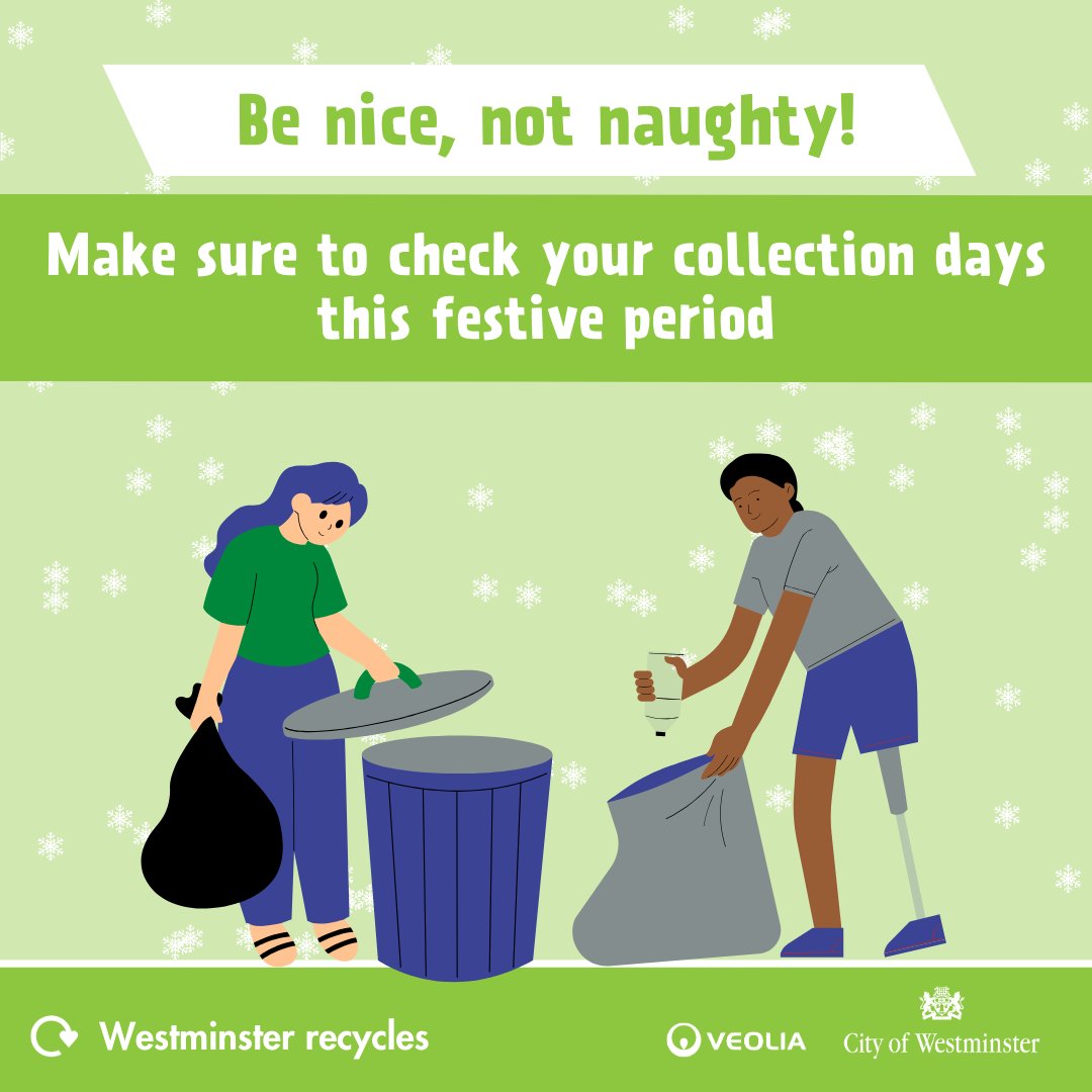 CityWestminster's tweet image. 🎄🎁 Festive season alert 🎄🎁

Your recycling and rubbish collection days may change over the holidays🗑️

Let’s keep it clean and green this Christmas! ♻️✨

Don’t miss a collection – check your updated schedule here 👇 
westminster.gov.uk/xmas-recycling