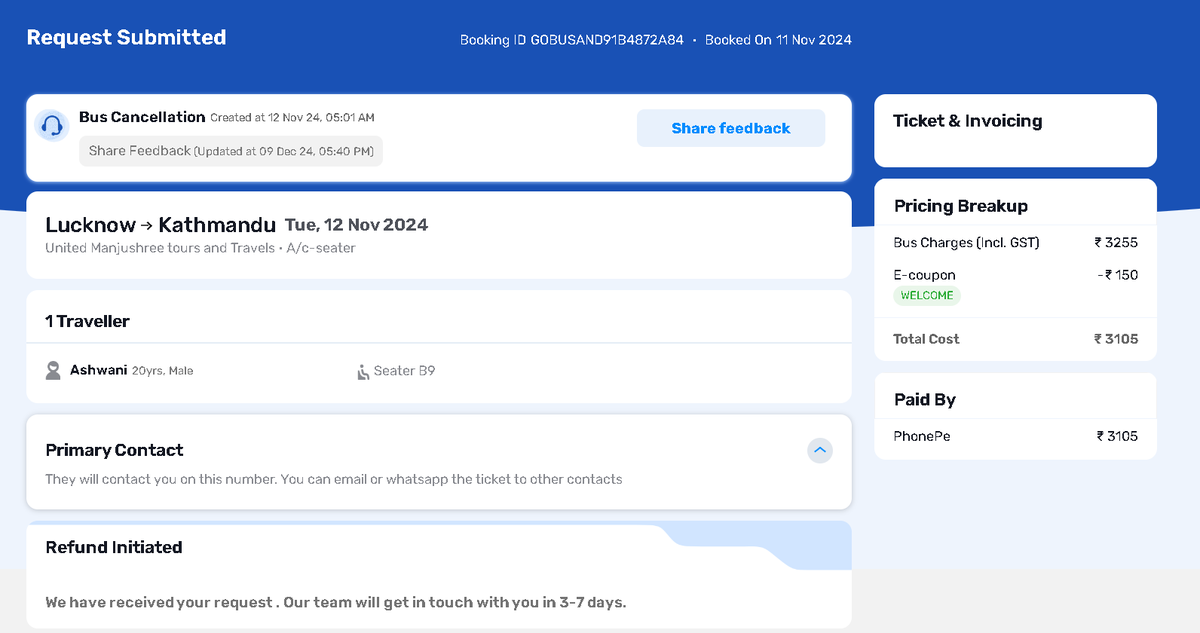 TechVishwajeet's tweet photo. @GoibiboSupport 
My brother booked a bus, but the @goibibo platform cancelled it. Their app shows that a refund has been initiated, but the refund has not yet been received.

I am waiting from 12 Nov 2024. Kindly escalate this matter and resolve as soon as possible. https://t.co/XcrQyfbXFb