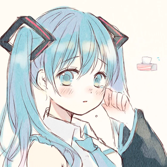 泣き虫ミクちゃん久々に風邪をひいてしまって、鼻水止まらず鼻をかみすぎてたら赤くなって痛い…次のティッシュが怖い#初音ミク 
