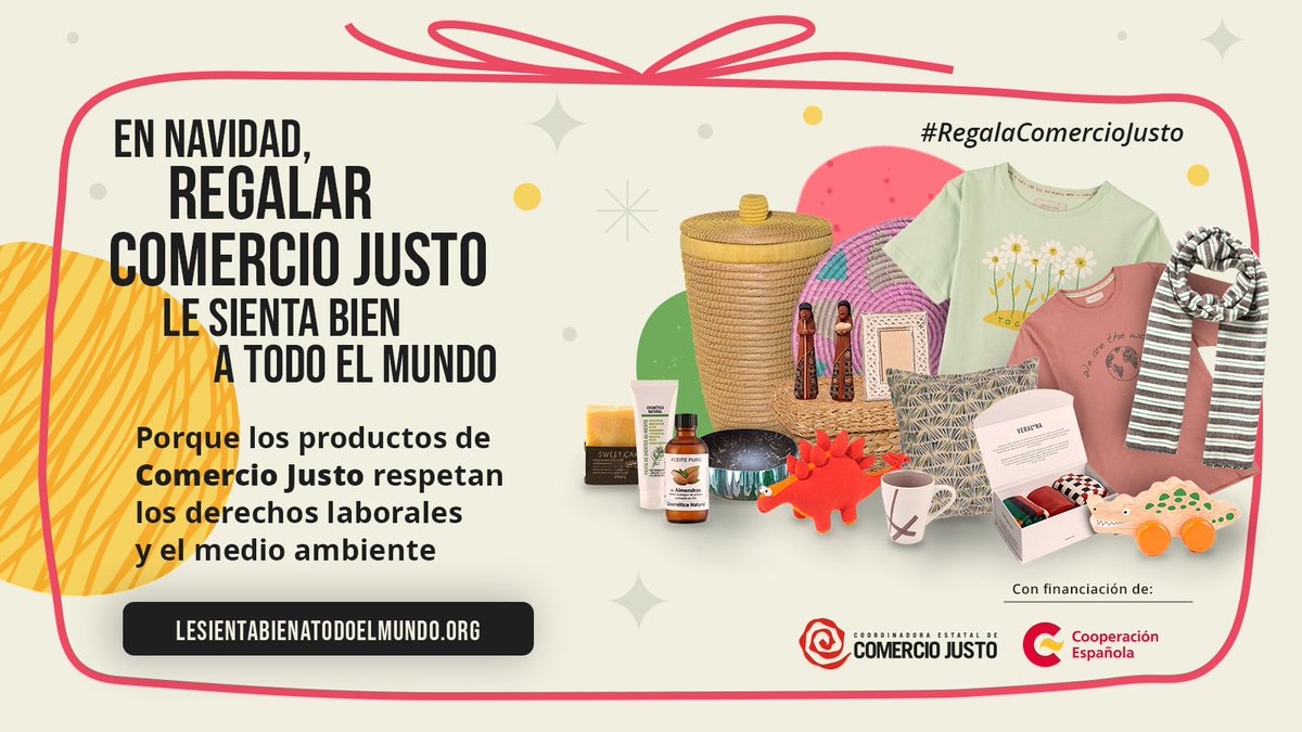 En estas fiestas, si vas a hacer un regalo, acércate a las tiendas de #ComercioJusto 
🎁Tienes muchas propuestas de regalos que #Lesientabienatodoelmundo (cestas con dulces, café o infusiones, ropa, juguetes, cosmética natural, complementos, decoración...) lesientabienatodoelmundo.org