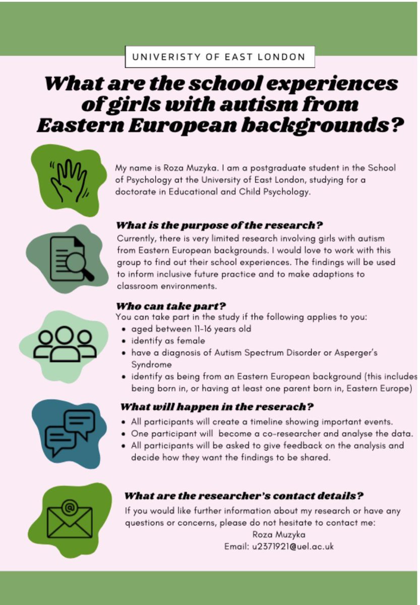 My TEP colleague is looking for more participants for her research on the school experiences of girls with autism from Eastern European backgrounds. Please get in touch with her if interested!!