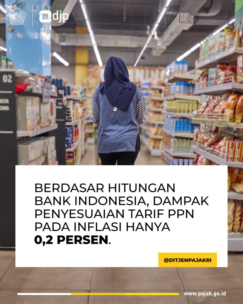 Tahukah #KawanPajak menurut Bank Indonesia, dampak penyesuaian tarif PPN pada inflasi hanya 0,2 persen. Hal ini bisa terjadi karena penyesuaian tarif PPN diimbangi dengan stimulus yang diberikan Pemerintah berupa beragam insentif dan subsidi.