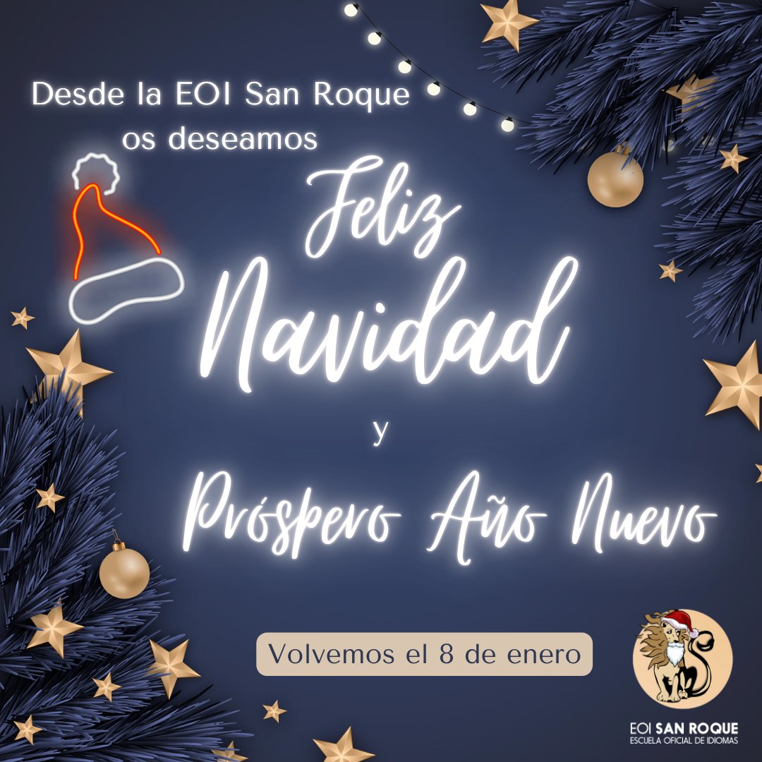La EOI San Roque os queremos enviar nuestros mejores deseos para estas fiestas y desearos unas felices vacaciones y descanso. ¡Disfrutad con vuestra familia y amigos de estos días tan especiales y nos vemos el 8 de enero! 🥰🫶🎅🤶🎄 #navidad2024 #NavidadEOISanRoque