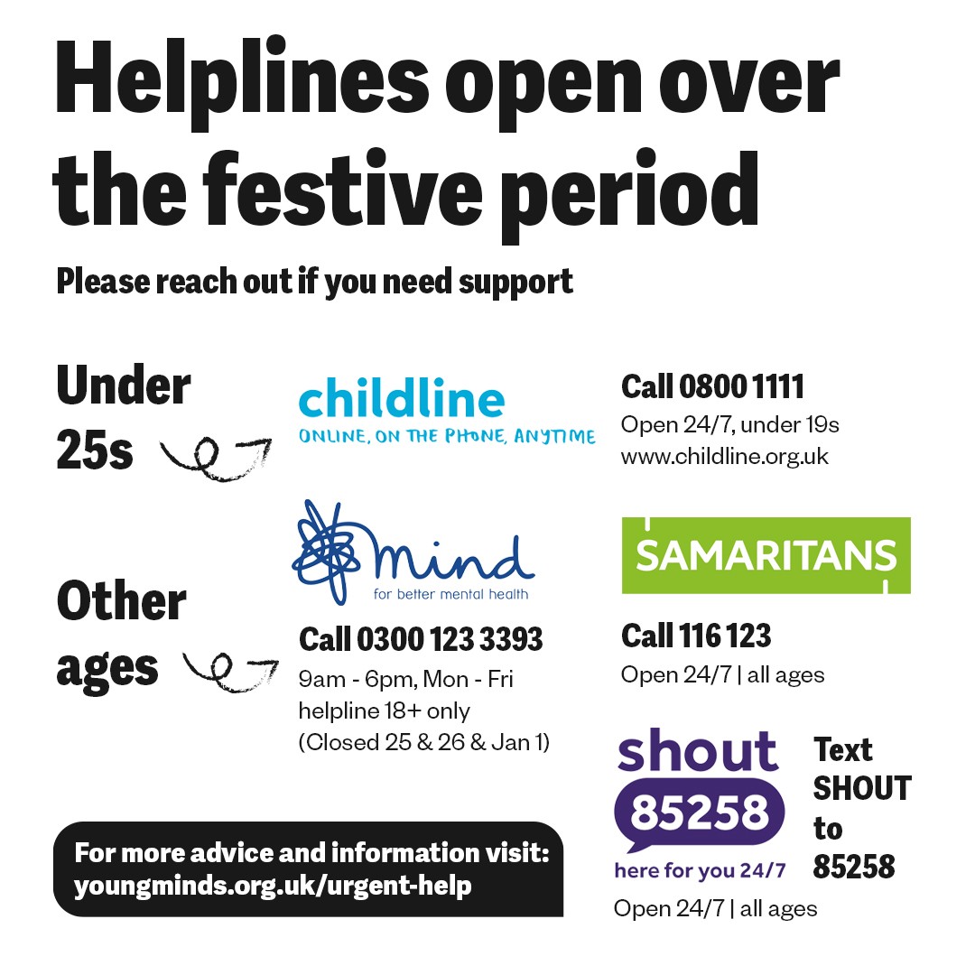Breaking Down Barriers (@barriersdown) on Twitter photo Thank you to <a href="/YoungMindsUK/">YoungMinds</a>
for providing this helpful guide to the helplines that are open over the Christmas period. Don't forget if you need to talk, <a href="/samaritans/">Samaritans</a> are open all day, every day including Christmas Day.
@GiveUsAShout
<a href="/MindCharity/">Mind</a>
<a href="/NSPCC/">NSPCC</a> Thank you to <a href="/YoungMindsUK/">YoungMinds</a>
for providing this helpful guide to the helplines that are open over the Christmas period. Don't forget if you need to talk, <a href="/samaritans/">Samaritans</a> are open all day, every day including Christmas Day.
@GiveUsAShout
<a href="/MindCharity/">Mind</a>
<a href="/NSPCC/">NSPCC</a>