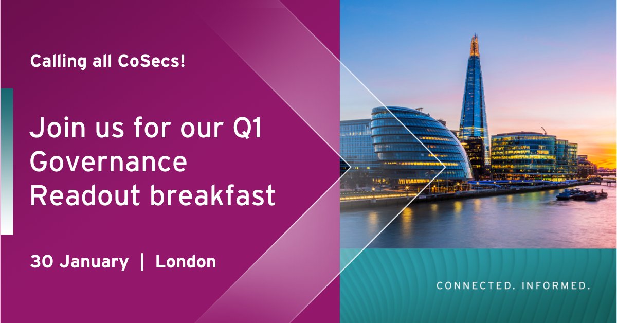 Computershare's tweet photo. Calling all CoSecs! Join our Governance Readout breakfast on Thursday 30 January.

The FRC’s Jessica Dahlstrom and Ruth Nash will provide a timely update on the Stewardship Code consultation and UK Corporate Governance Code.

Register now: https://t.co/JjAdiZ1qaj https://t.co/1cVoyB3sSB