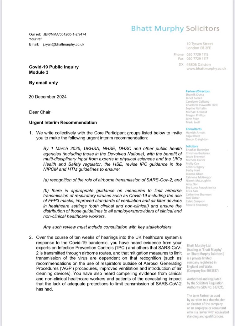 Long Covid SOS @longcovidsos.bsky.social (@longcovidsos) on Twitter photo 🧵Today our legal team has written to <a href="/covidinquiryuk/">UK Covid-19 Inquiry</a> chair to invite her to make urgent interim recommendations to make healthcare settings safe
During mod 3 we heard how the refusal to accept that #CovidIsAirborne led to inadequate PPE
The IPC guidence must be revised
1/3 🧵Today our legal team has written to <a href="/covidinquiryuk/">UK Covid-19 Inquiry</a> chair to invite her to make urgent interim recommendations to make healthcare settings safe
During mod 3 we heard how the refusal to accept that #CovidIsAirborne led to inadequate PPE
The IPC guidence must be revised
1/3