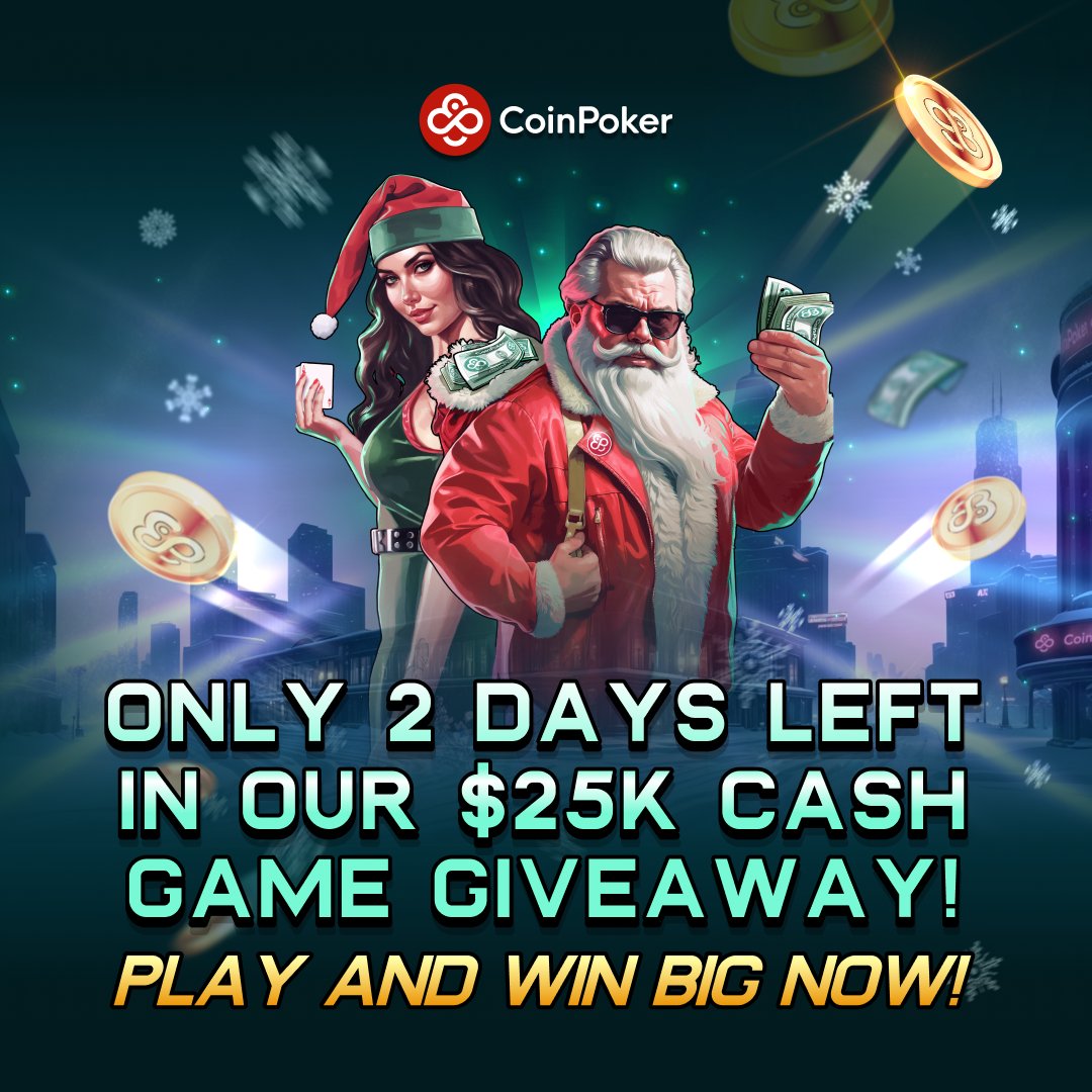🚨 Don’t miss out! 🚨 

Only 2 days left in our $25K Cash Game Giveaway! 💸 

When #HappyHolidays visits your table, you could win up to 200x the big blind instantly! 

Play No Limit Hold’em, PLO, or 5PLO, with buy-ins from $2-$500. 

Time's running out – get in the game today! 🎉 

https://t.co/E6w7afmKKj