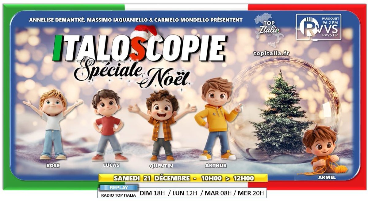 ITALOSCOPIE, samedi 21 décembre à 10h
🎄 La magie de Noël s’empare d’Italoscopie cette semaine !
Ambiance féerique et en musique avec les enfants Rose, Arthur, Lucas, Quentin et Amel et… Annelise à l’animation !