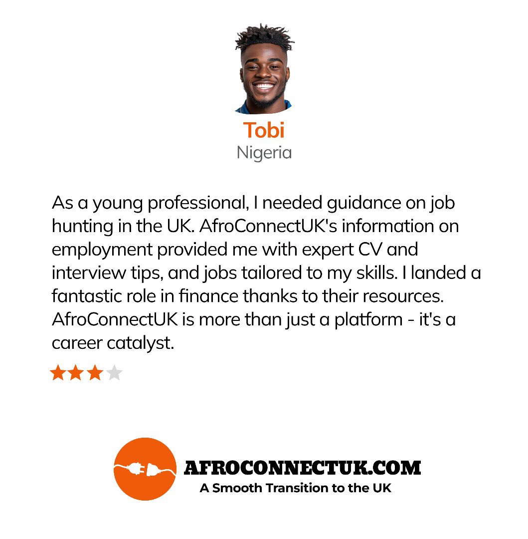 AfroConnectUK's tweet photo. Here’s what Tobi has to say about AfroConnectUK! We’re proud to share the experiences of those who have used our platform to connect, learn, and a thrive. 

We are all about your smooth transition into the UK system. 

Read more about AfroConnectUK at: https://t.co/9XvnQzCNR6 https://t.co/eDJGIxnMdg