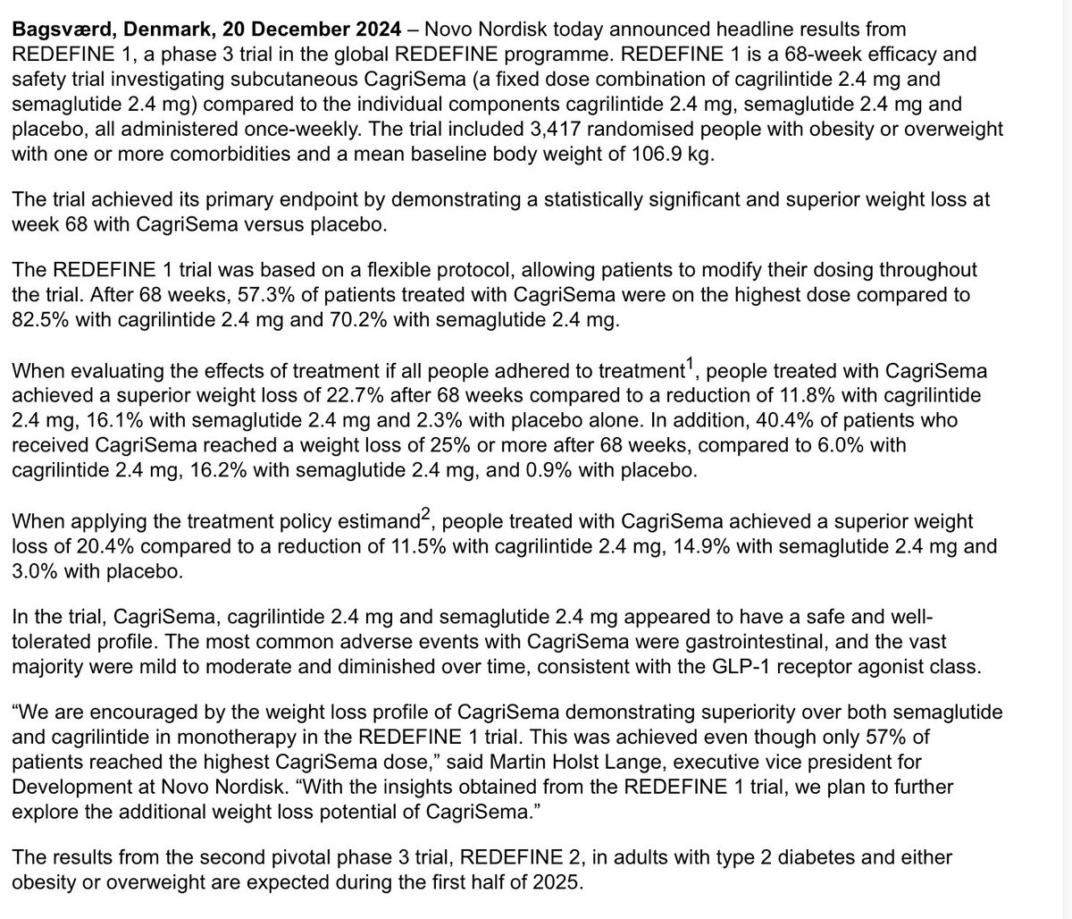 Cagri-Sema produces ~20% placebo subtracted weight loss in people with  obesity studied in REDEFINE-1 @novonordisk https://t.co/HHk4vJ73gQ