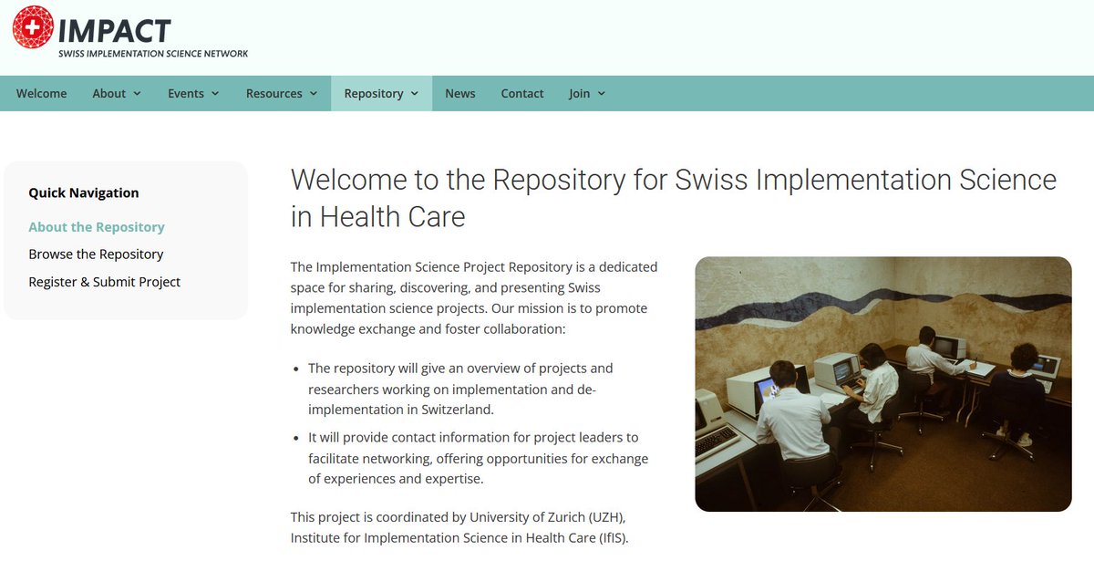 Explore the IMPACT repository, showcasing Swiss implementation science projects in healthcare. Do you have a project to share? Submit it at: impact-dph.unibas.ch/repository/ #impsci <a href="/IfIS_UZH/">Institute for Implementation Science in HealthCare</a> @NursingUnibas <a href="/SwissTPH/">Swiss TPH</a>