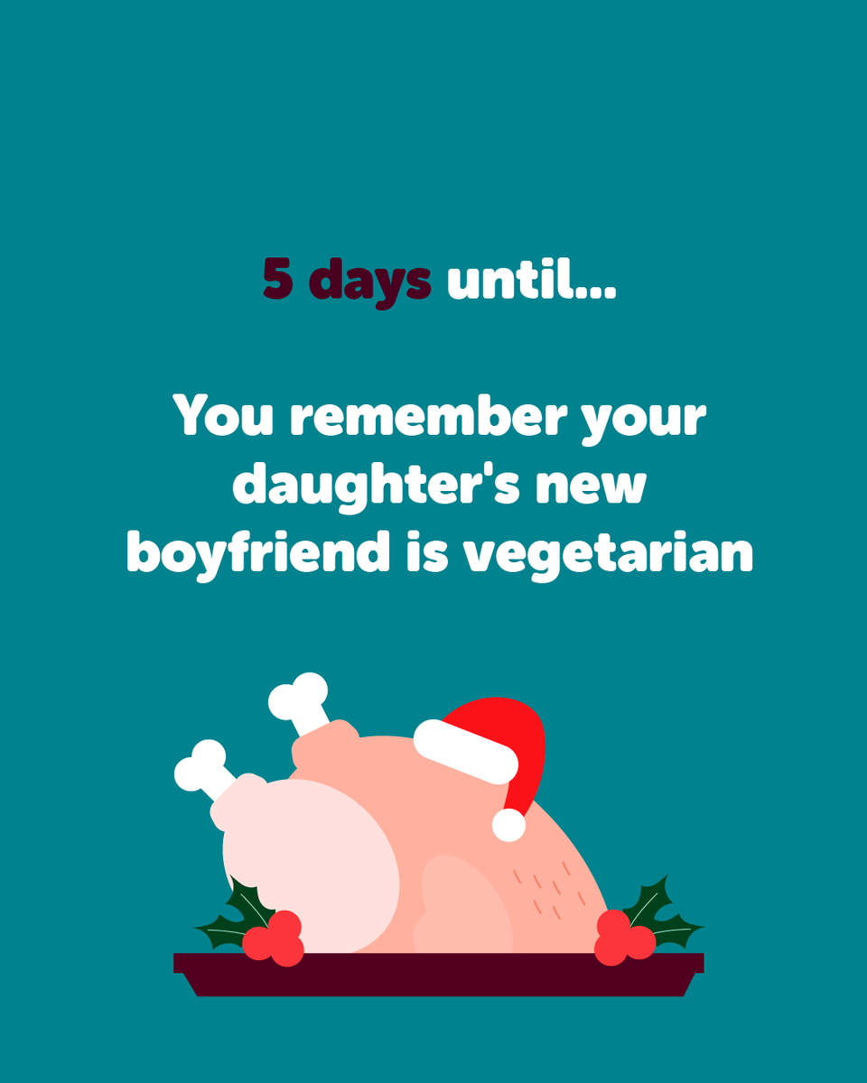 5 days to go! 🎄​

Here's to:​

🥔Three different types of potatoes​🥔

🥕 Veg six ways​ 🥕

😒 A sherry trifle no one will eat ​😒

And last minute menu changes! 🍗