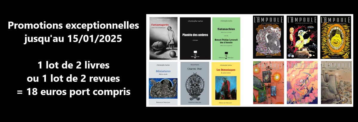 Promotions exceptionnelles jusqu’au 15/01/2025 : deux livres de notre catalogue ou deux numéros de la revue L’Ampoule = 18 euros port compris.
Détails de l’offre sur le site : editionsdelabatjour.com/2024/12/promot…