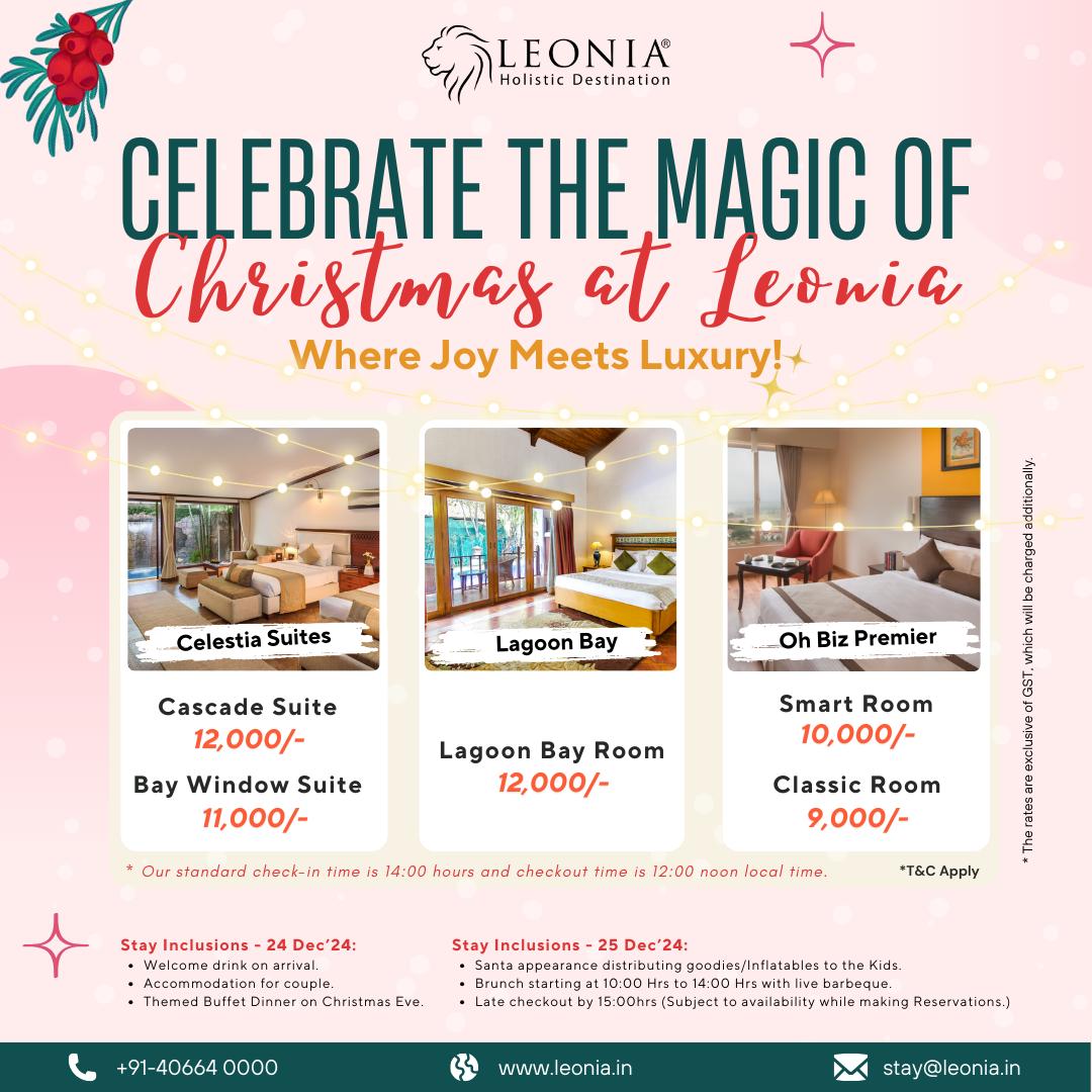 Celebrate the magic of Christmas at Leonia Resorts! 
Luxurious stays, festive feasts, carols, and Santa surprises await you this holiday season.

#ChristmasAtLeonia #HolidayMagic #FestiveCheer #LuxuryGetaway

🎟️ Book your Christmas package now for a magical celebration!