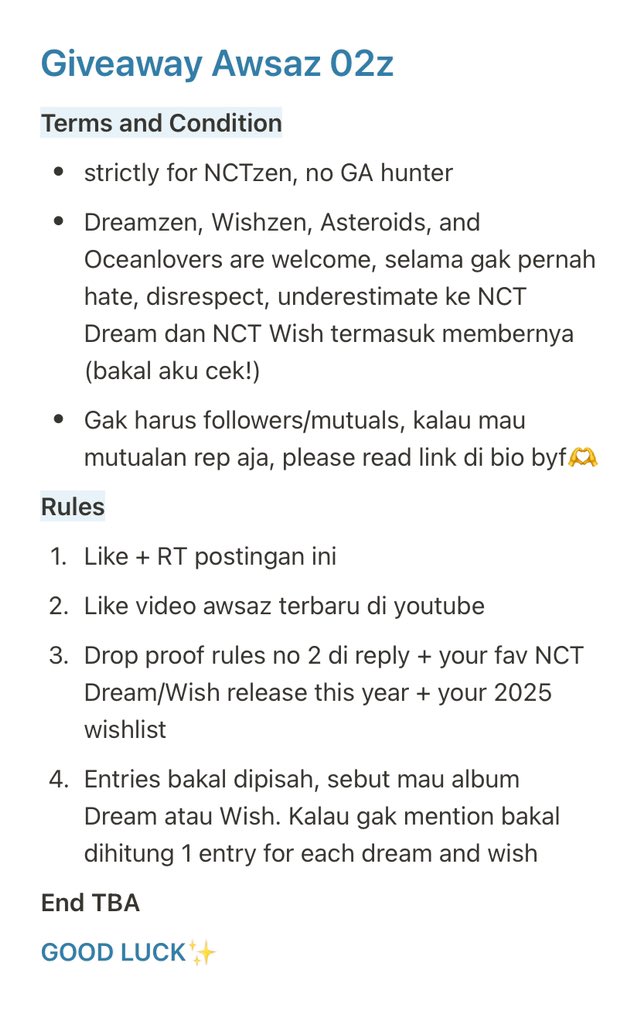 caramellokaaye's tweet image. GIVEAWAY‼️ INA only
dalam rangka awsaz returns with Jisung and Sion🐹🌷

prize for 2 winners
🎁 1 sealed album NCT Wish - Wish Photobook 
🎁 1 album only NCT Dream - Glitch Mode Photobook (Glitch ver.) + 2 Jisung matching/trading card

tnc, rules, and detail ⬇️