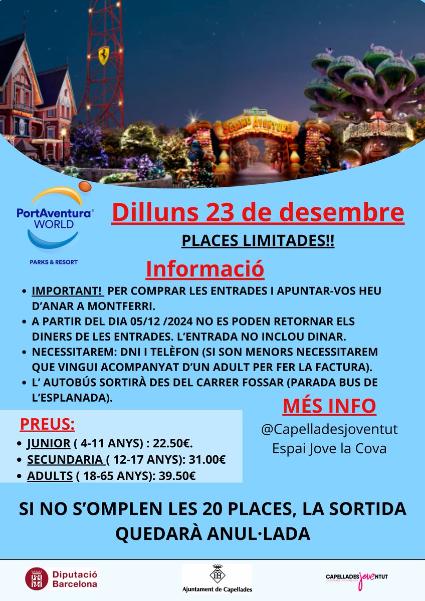 Aquest dilluns la Cova et porta a Port Aventura!

La sortida és a les 8.45 a la parada del bus de l'Esplanada del Capelló i la tornada a les 19h, sortint de Port Aventura.