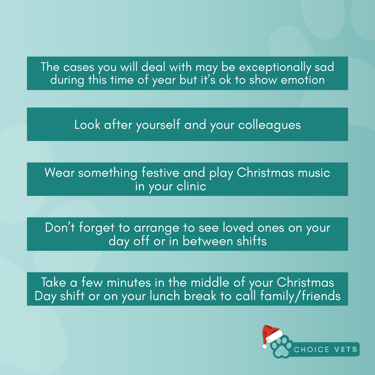 choicevets_'s tweet photo. Are you working over Christmas or on Christmas Day?

Here are some reminders you should read...

We also want to thank you for the work you are doing and the sacrifices you are making to look after the nation’s animals! 🐾

#vetjobs #vets #veterinary https://t.co/ALeSw8oJIC