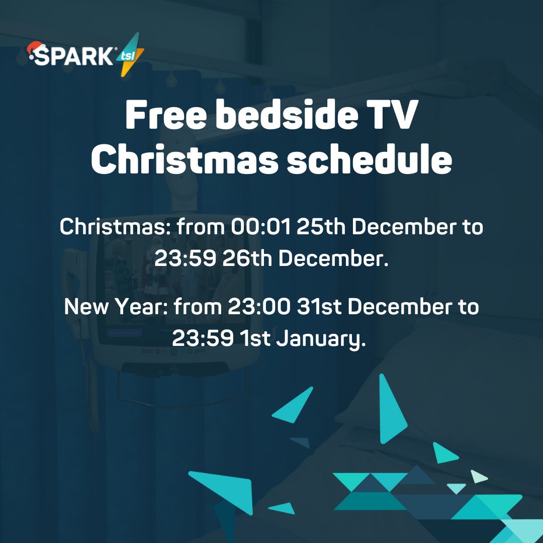 📆🎄 Free bedside TV access on Christmas Day, Boxing Day &amp; New Year is available at all NHS locations with #Hospedia, courtesy of SPARK TSL.

Tune in if you or a loved one is in hospital during the festive period. All Freeview channels included. #HospitalTV #Christmas
