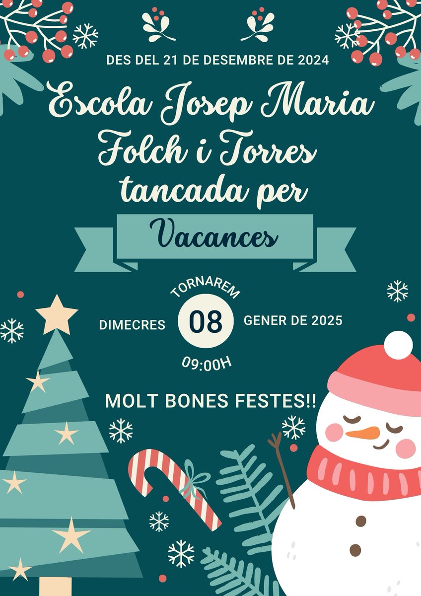 Benvolgudes famílies. Aquest divendres, 20 de desembre serà el darrer dia de classes del 1r trimestre i que l’horari serà de 9 a 13 hores. No hi haurà classes a la tarda. Tornarem a les classes el dimecres, 8 de gener de 2025 a les 09:00 hores.

Que tingueu unes bones vacances!!!