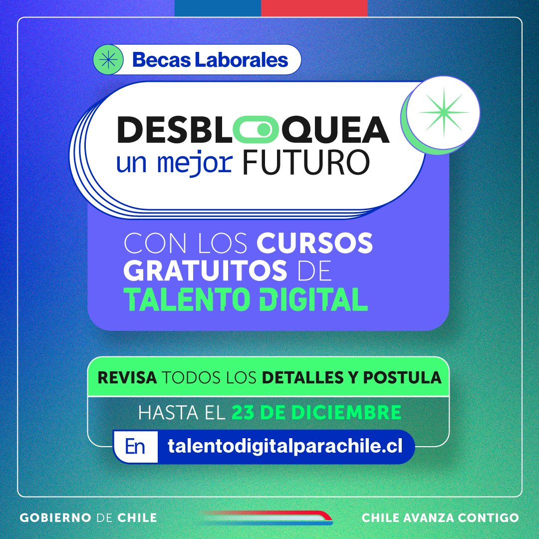 GobiernodeChile's tweet image. Postula a los cursos gratuitos de especialización #TalentoDigital de @SenceChile y conviértete en el talento que todo equipo está buscando🔍

Revisa todos los detalles y postula en talentodigitalparachile.cl 🇨🇱

#DesbloqueaUnMejorFuturo