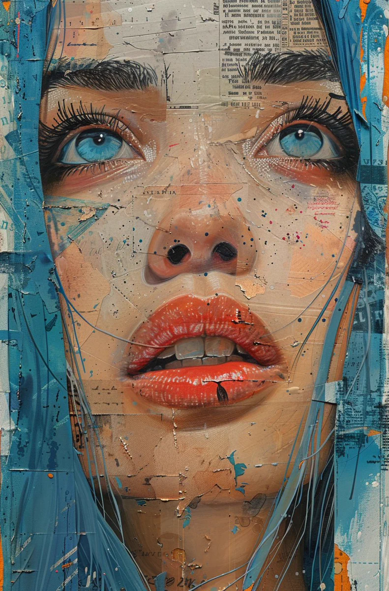 print collage of a woman's face, in the style of josef kote, grunge beauty, dain yoon, cyan and blue, highly detailed realism, multi-layered compositions, antonio mancini --ar 73:111 --stylize 750 