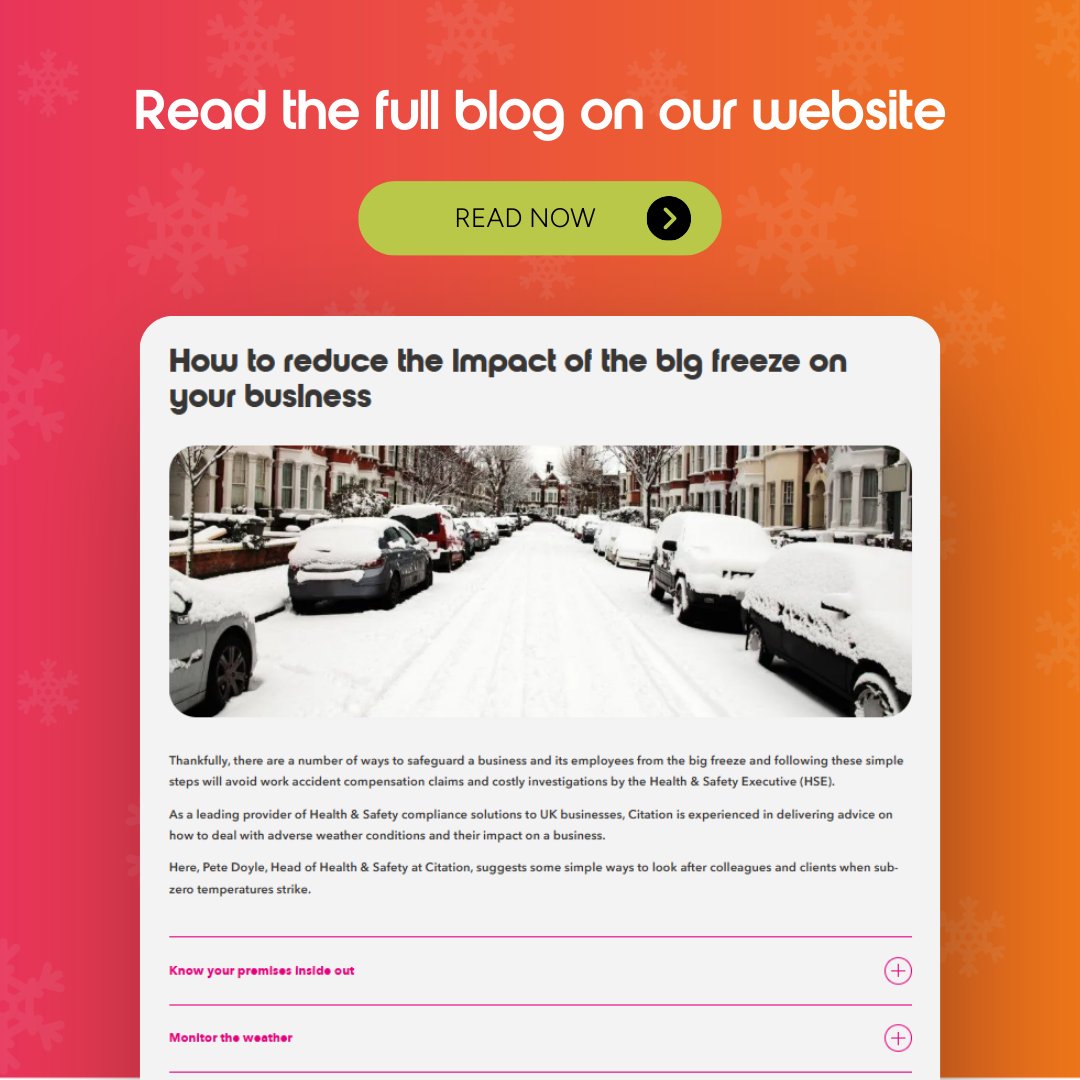 With winter settling in, now’s the time to prepare for extreme weather impacts on your business. From checking your premises for potential damage to ensuring staff safety. 

Read our full blog for more 👉 eu1.hubs.ly/H0dZRby0

#WinterReady #HealthAndSafety #BusinessPrep