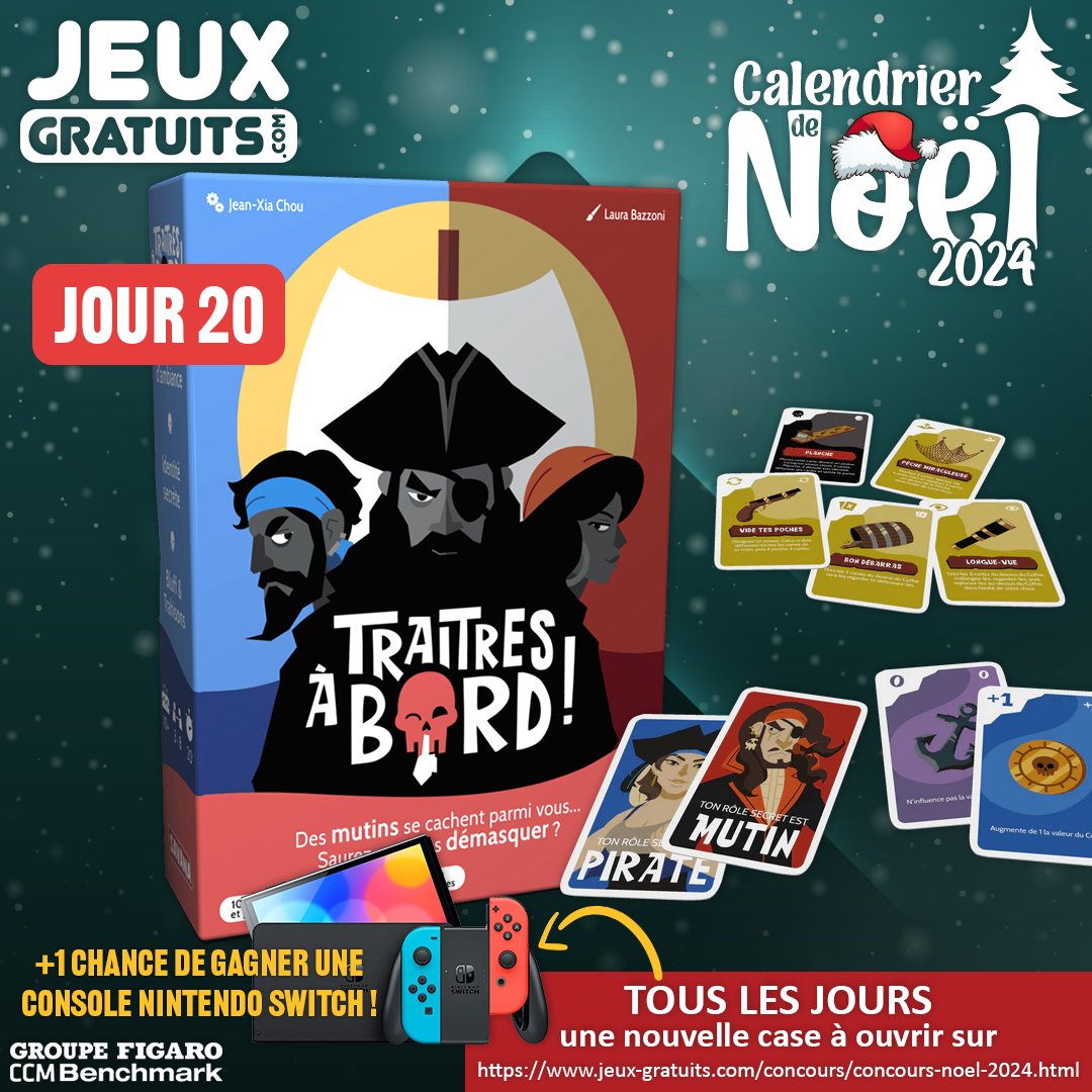 CALENDRIER DE NOËL 2024 🎄🎁
JOUR 20 : forme ton équipe de pirates/mutins et affronte l'équipe adverse pour obtenir le coffre au trésor de Traitres à Bord ! 🏴‍☠️

Tente ta chance pour remporter la console Nintendo Switch ! 🎅

➡ RDV sur jeux-gratuits.com/concours/conco…
➡ RT #ConcoursJG