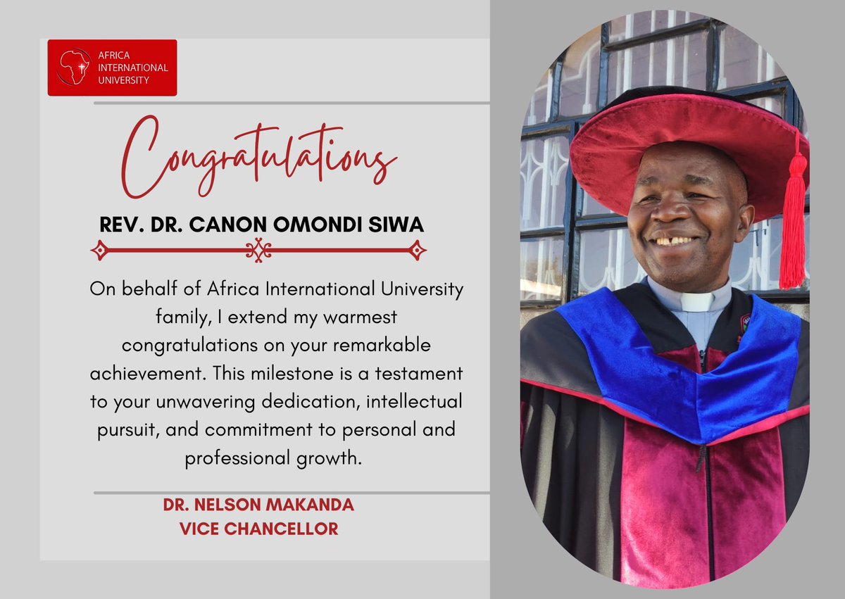 Congratulations Rev. Dr. Siwa for successfully completing your Thesis "An Analysis of Christian Union Students' perceptions of factors Influencing Cultism in Public Universities in Kenya" and graduating with a Doctor of Philosophy in Theology (Practical Theology) <a href="/KabarakUniv/">Kabarak University</a>.