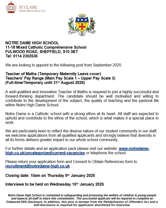 We currently have an exciting #jobopportunity for a Temporary Teacher of Maths to join us in September 2025. For further information and to apply please visit notredame-high.co.uk/vacancies/teac… Closing date 10am on Thursday 9th January 2025.