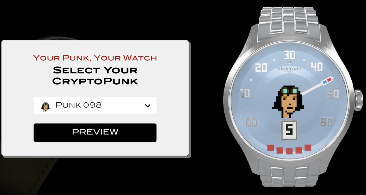 ReservoirWatch's tweet photo. @NaughtalieStone @cryptopunks Introducing RESERVOIR watch exclusive project for the CryptoPunks community: a personalized watch, uniquely designed to reflect your CryptoPunk! Your timepiece awaits. Find out more: https://t.co/rwDc27nSdH https://t.co/Tv2Jmu98C8
